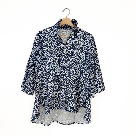 Holly Shae Designs Blue Floral Indian Voile Cotton Shirt Womens Small - Picture 1 of 6